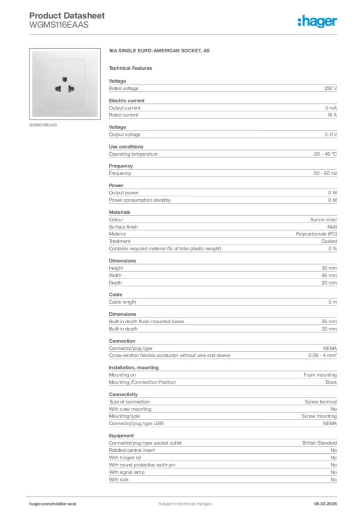 Image Hager Product data sheet WGMS116EAAS  | Hager