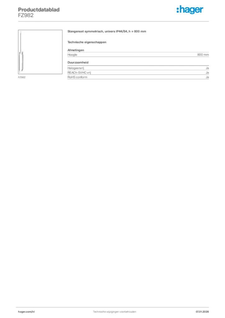 Afbeelding Hager Productdatablad FZ982 | Hager Nederland