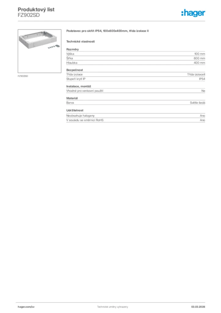 Obrázek Hager Product data sheet FZ902SD | Hager