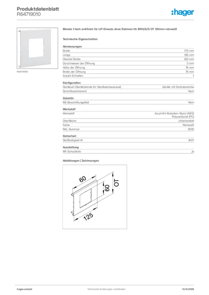 Bild Hager Produktdatenblatt R64719010 | Hager Deutschland