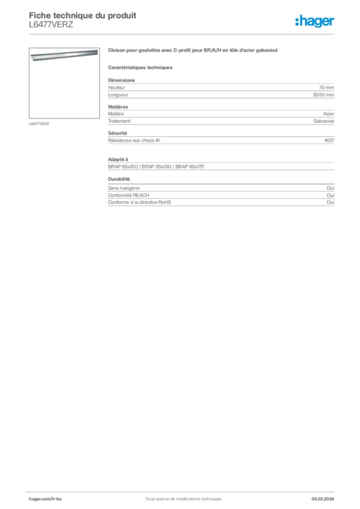 Image Hager Fiche technique du produit L6477VERZ | Hager Belgique