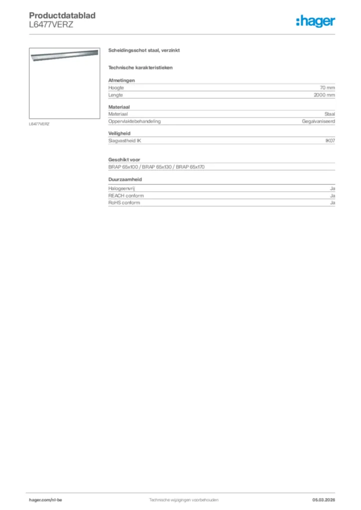 Afbeelding Hager Productdatablad L6477VERZ | Hager Belgium