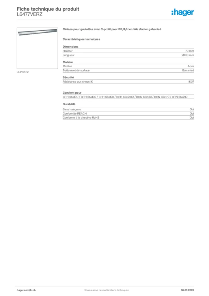 Image Hager Fiche technique du produit L6477VERZ | Hager Suisse