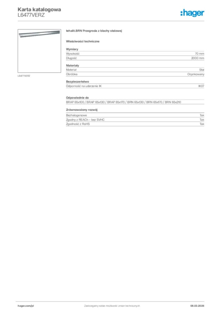 Zdjęcie Hager Karta katalogowa L6477VERZ | Hager Polska