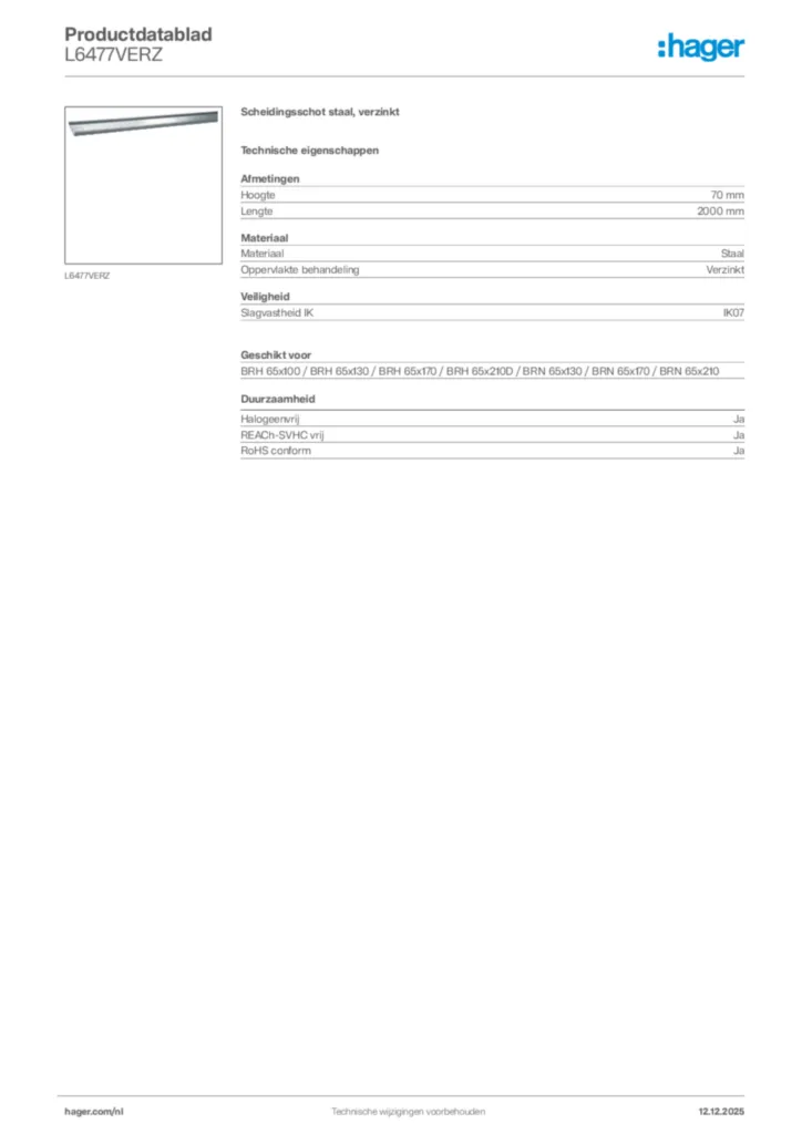 Afbeelding Hager Productdatablad L6477VERZ | Hager Nederland