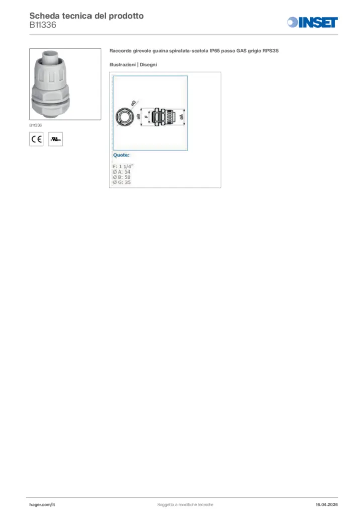 Immagine Inset Scheda tecnica del prodotto B11336 | Hager Italia