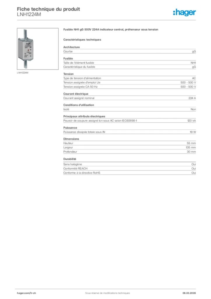 Image Hager Fiche technique du produit LNH1224M | Hager Suisse
