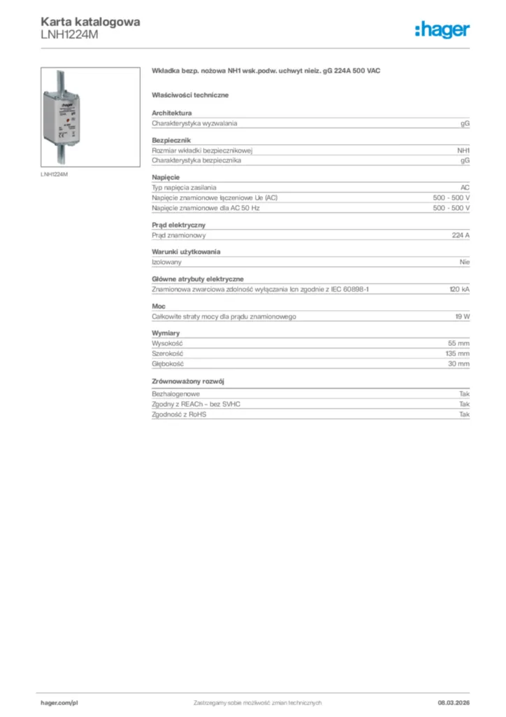 Zdjęcie Hager Karta katalogowa LNH1224M | Hager Polska