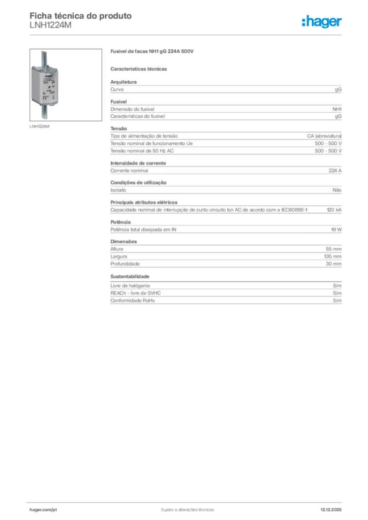 Imagem Hager Ficha técnica do produto LNH1224M | Hager Portugal