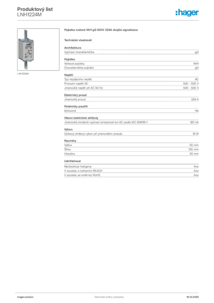 Obrázek Hager Produktový list LNH1224M | Hager
