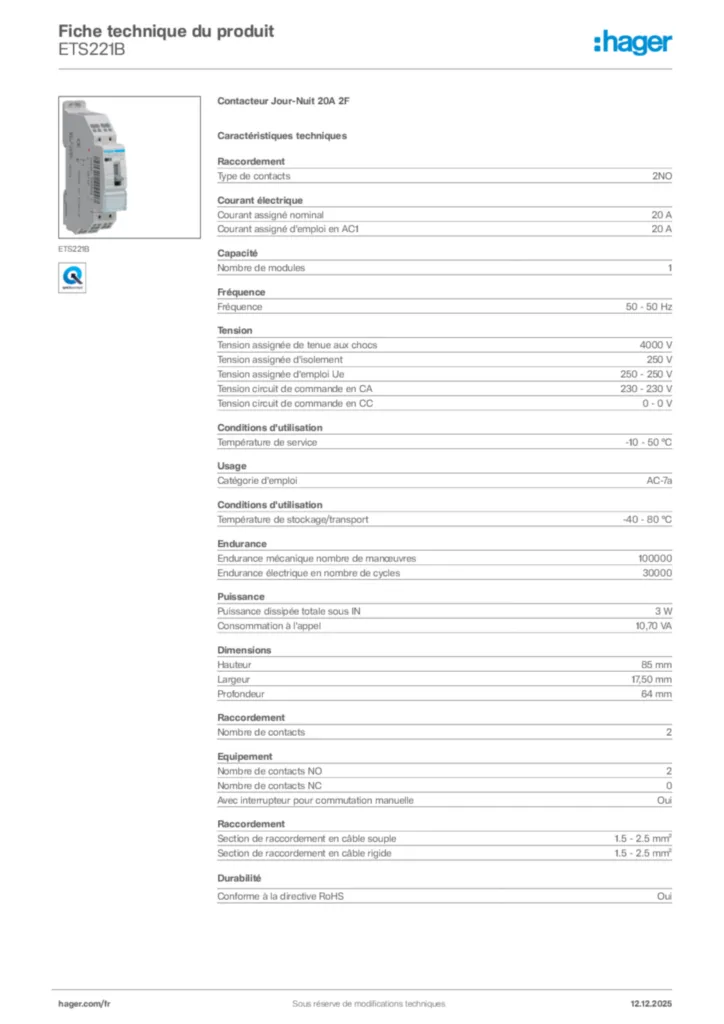 Image Hager Fiche technique du produit ETS221B | Hager France