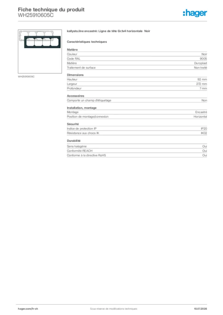 Image Hager Fiche technique du produit WH25910605C | Hager Suisse