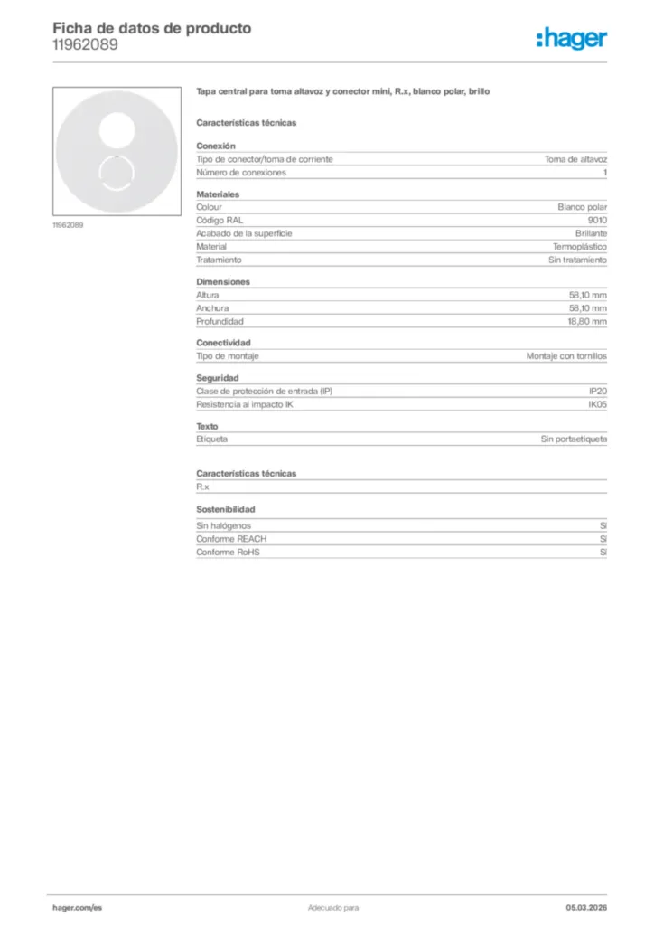 Imagen Hager Ficha de datos de producto 11962089 | Hager España