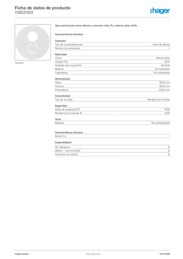 Imagen Hager Ficha de datos de producto 11962089 | Hager España