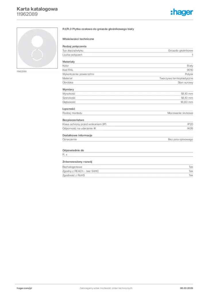 Zdjęcie Hager Karta katalogowa 11962089 | Hager Polska