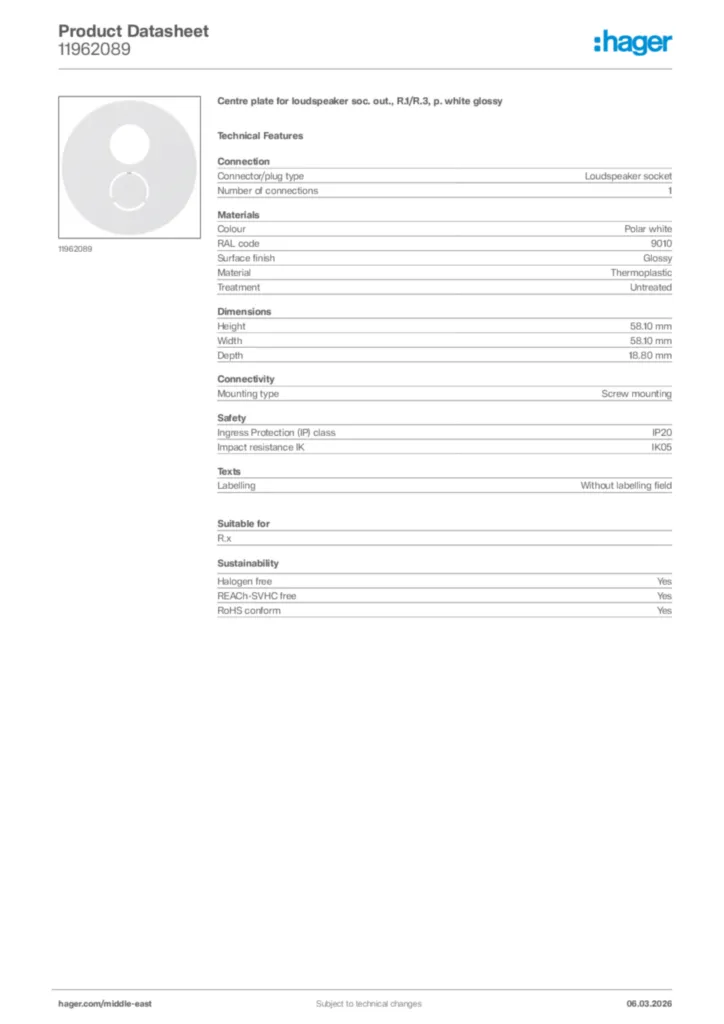 Image Hager Product data sheet 11962089  | Hager