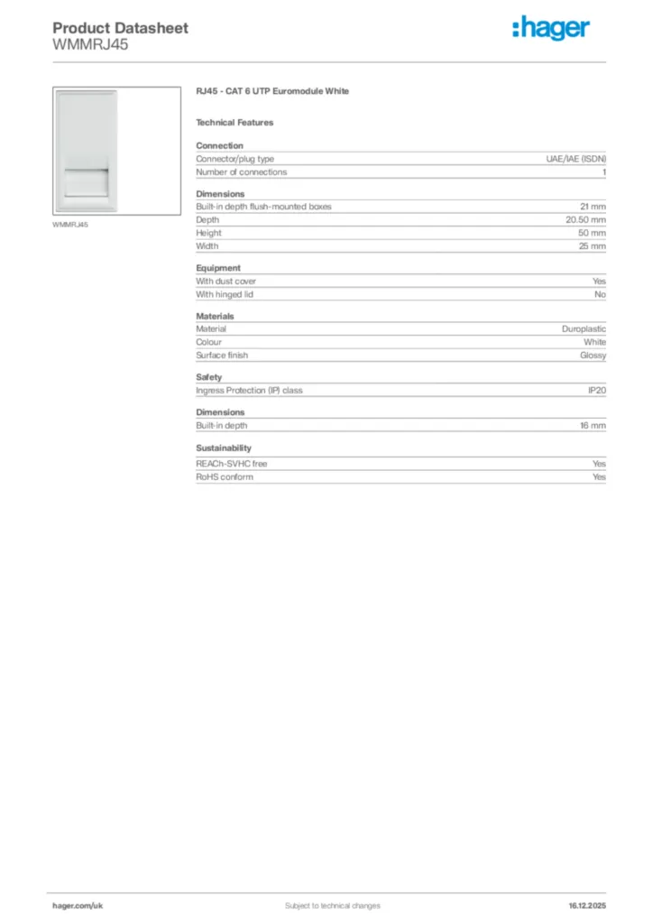 Image Hager Product data sheet WMMRJ45  | Hager