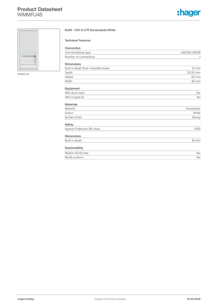 Image Hager Product data sheet WMMRJ45  | Hager
