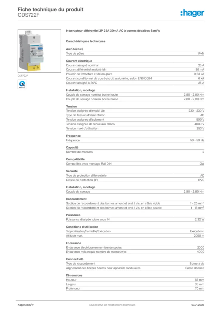 Image Hager Fiche technique du produit CDS722F | Hager France