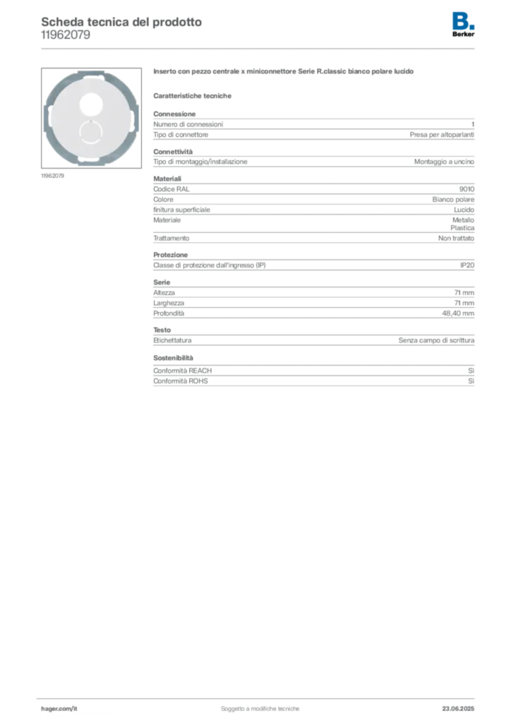 Immagine Berker Scheda tecnica del prodotto 11962079 | Hager Italia