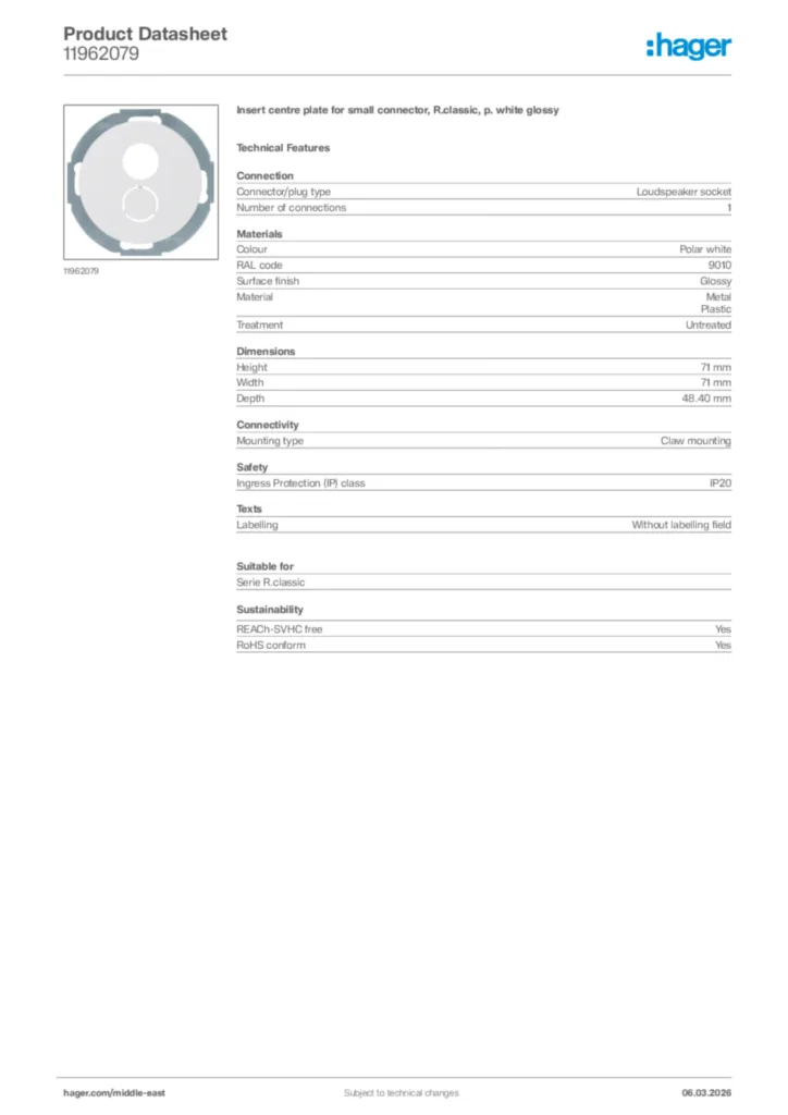 Image Hager Product data sheet 11962079  | Hager
