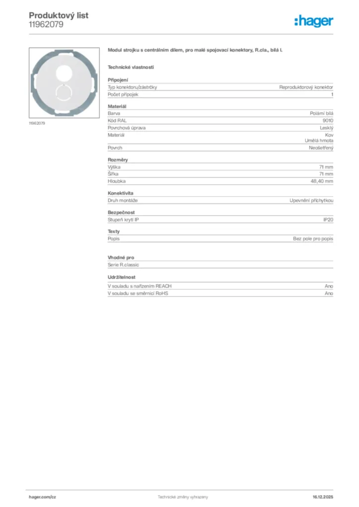 Obrázek Hager Produktový list 11962079 | Hager