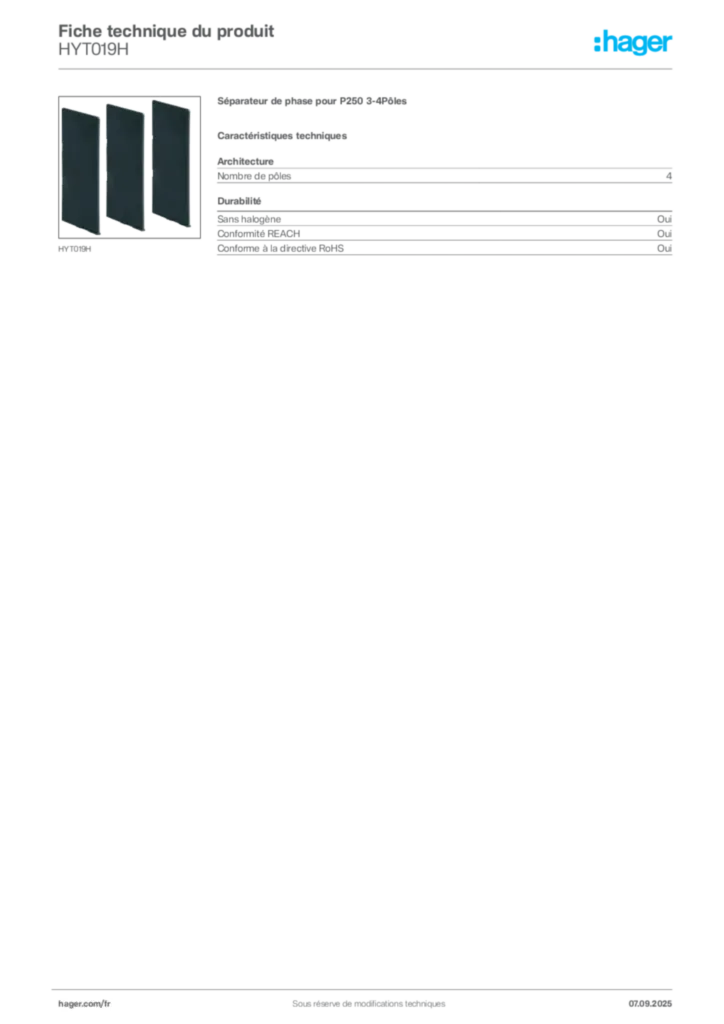 Image Hager Fiche technique du produit HYT019H | Hager France