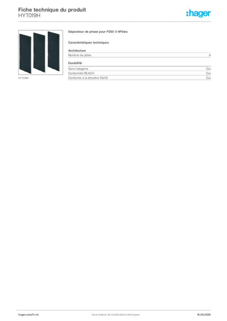 Image Hager Fiche technique du produit HYT019H | Hager Suisse