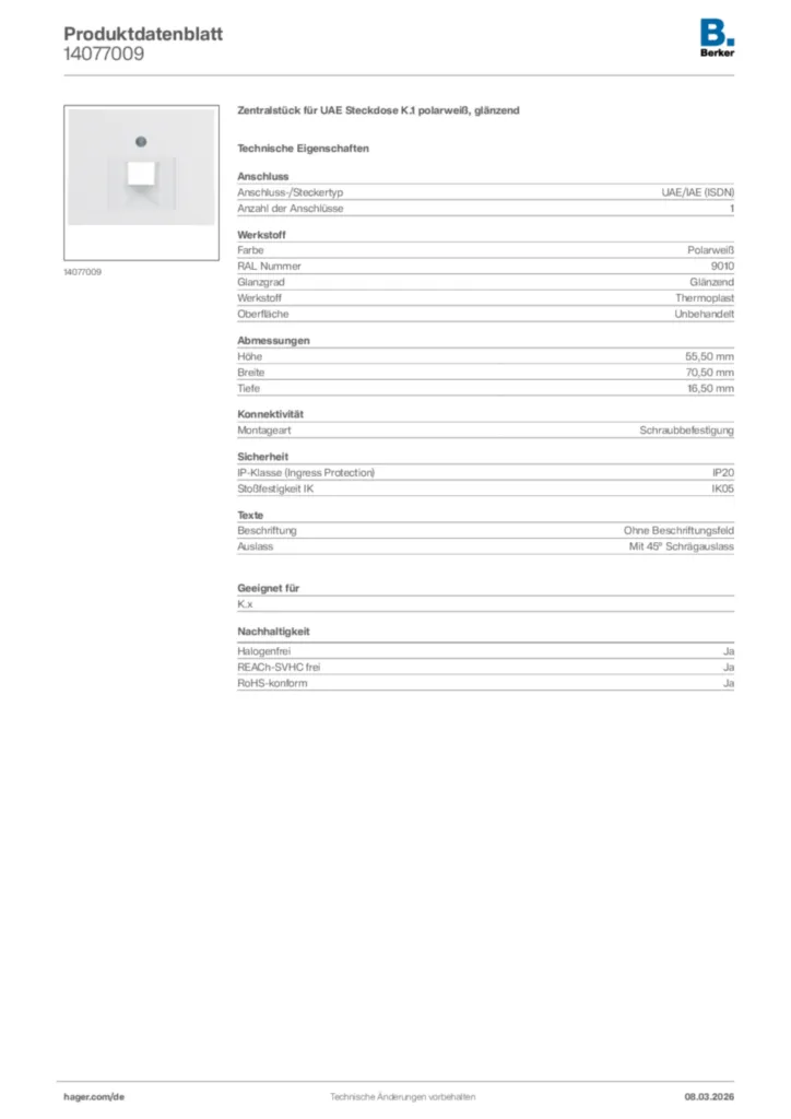 Bild Berker Produktdatenblatt 14077009 | Hager Deutschland