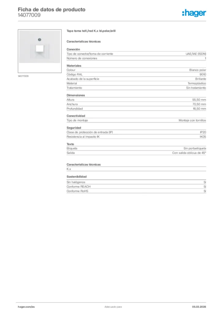 Imagen Hager Ficha de datos de producto 14077009 | Hager España