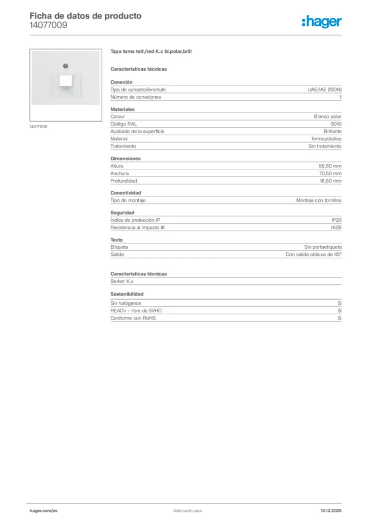 Imagen Hager Ficha de datos de producto 14077009 | Hager España