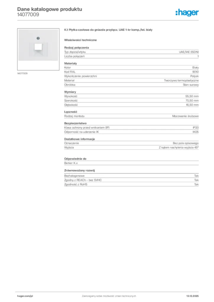 Zdjęcie Hager Karta katalogowa 14077009 | Hager Polska