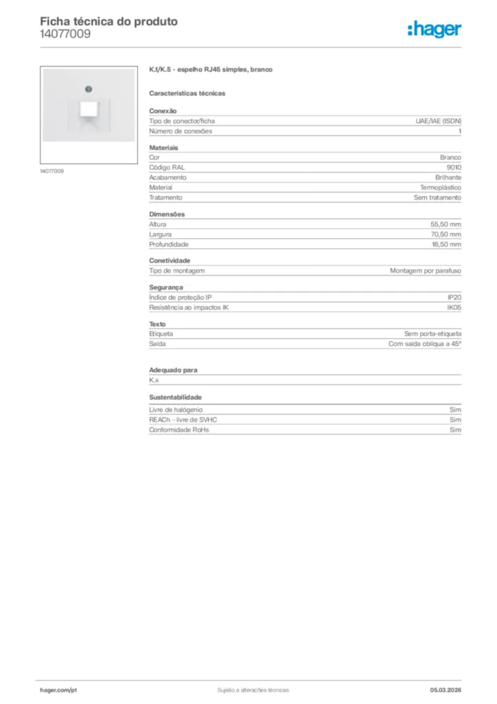 Imagem Hager Ficha técnica do produto 14077009 | Hager Portugal