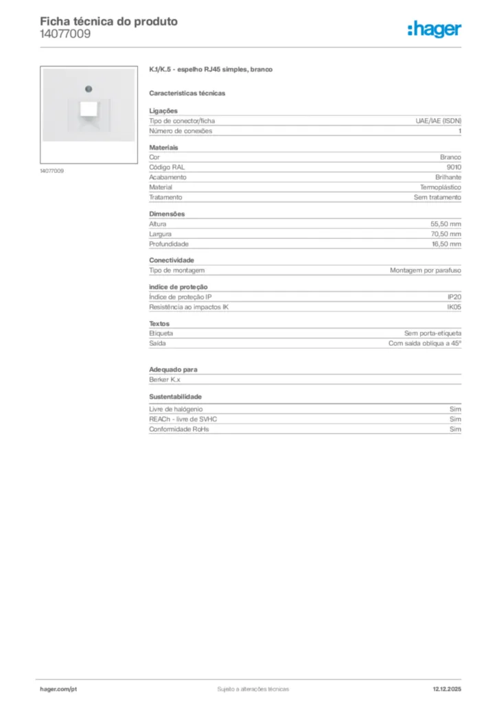 Imagem Hager Ficha técnica do produto 14077009 | Hager Portugal