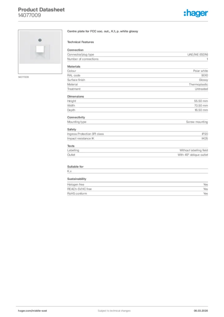 Image Hager Product data sheet 14077009  | Hager