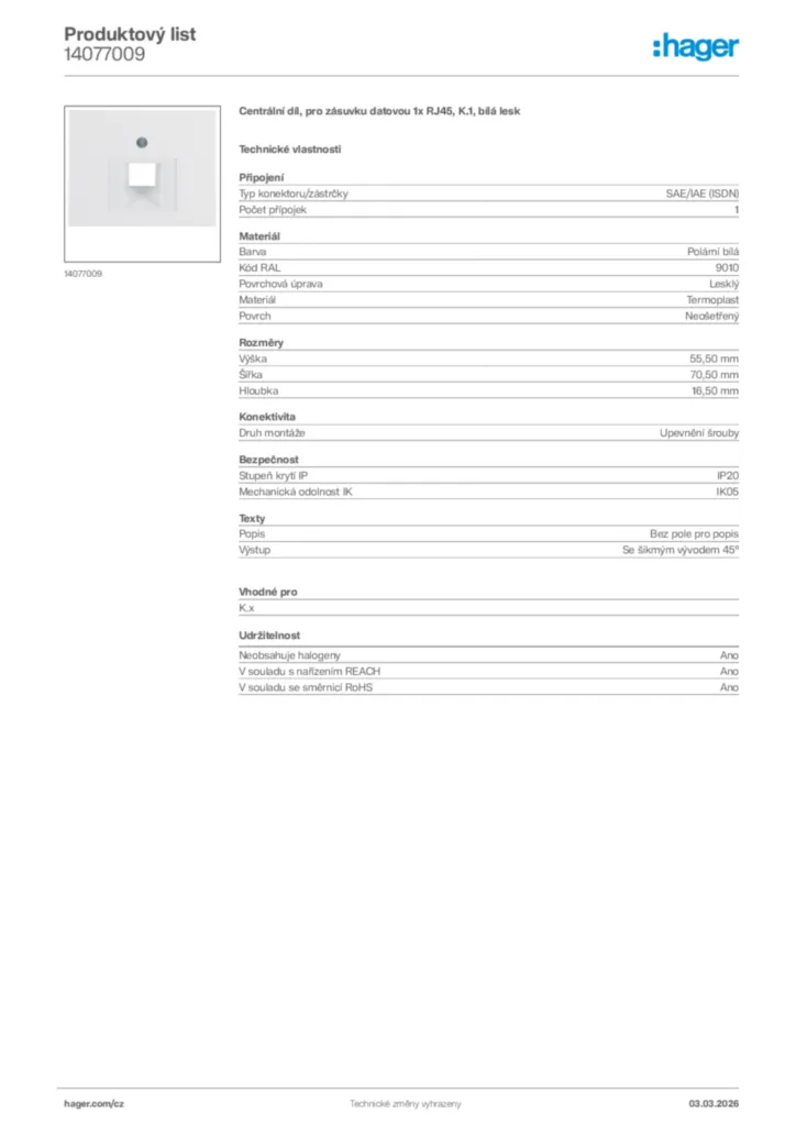 Obrázek Hager Product data sheet 14077009 | Hager