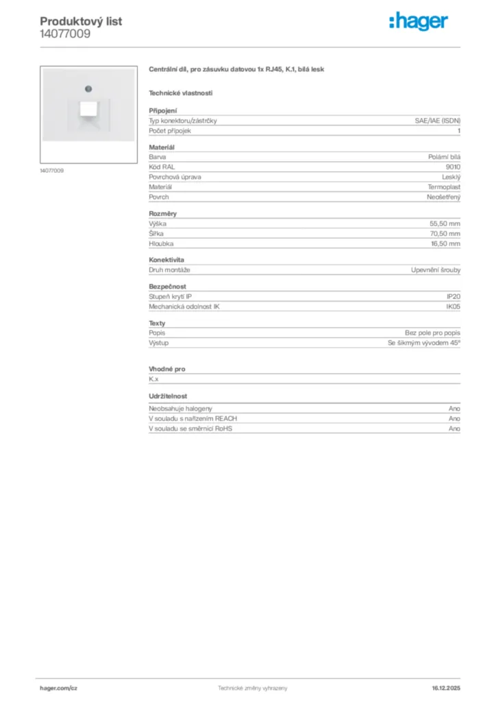 Obrázek Hager Produktový list 14077009 | Hager