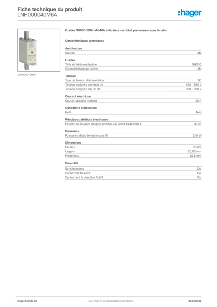 Image Hager Fiche technique du produit LNH000040M6A | Hager Suisse