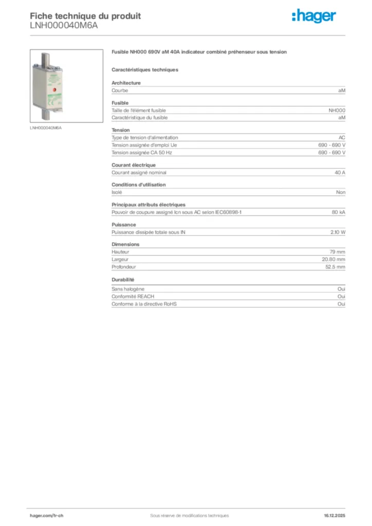 Image Hager Fiche technique du produit LNH000040M6A | Hager Suisse