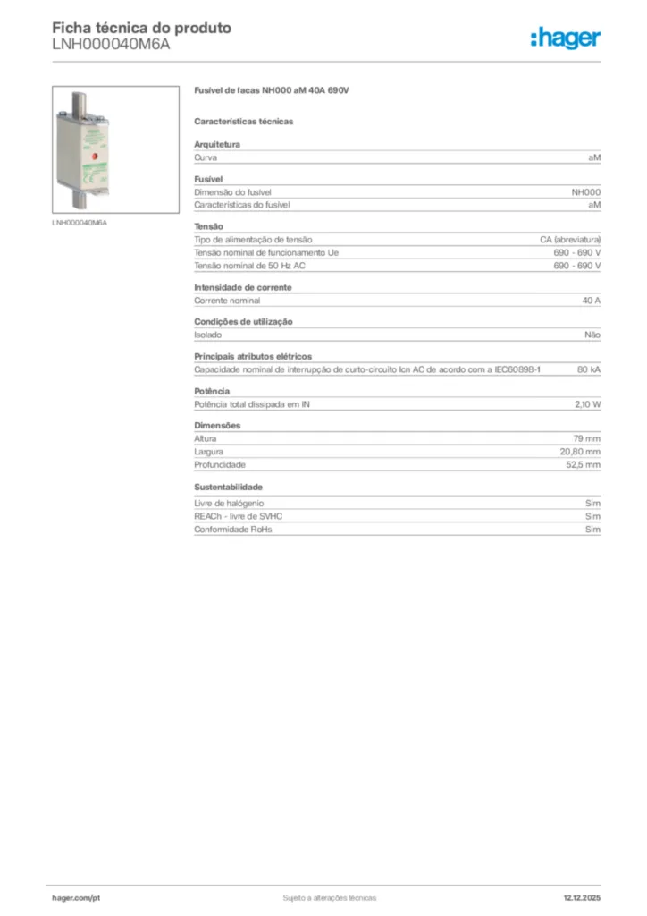 Imagem Hager Ficha técnica do produto LNH000040M6A | Hager Portugal