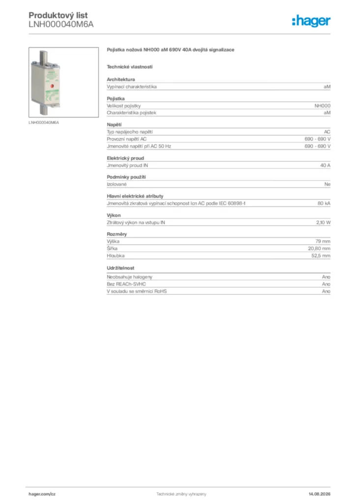 Obrázek Hager Generováno - Datový list produktu LNH000040M6A | Hager