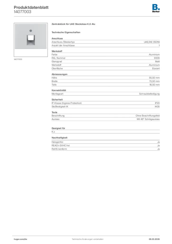 Bild Berker Produktdatenblatt 14077003 | Hager Deutschland