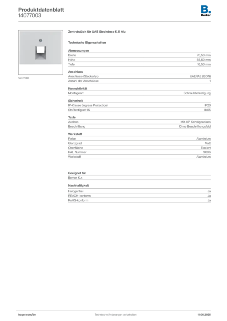 Bild Berker Produktdatenblatt 14077003 | Hager Deutschland
