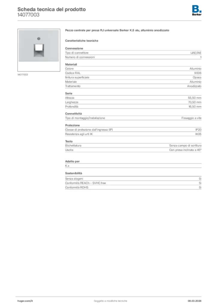 Immagine Berker Scheda tecnica del prodotto 14077003 | Hager Italia