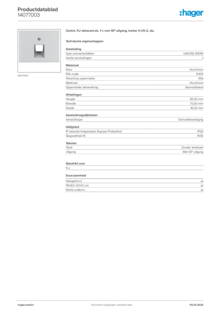 Afbeelding Hager Productdatablad 14077003 | Hager Nederland
