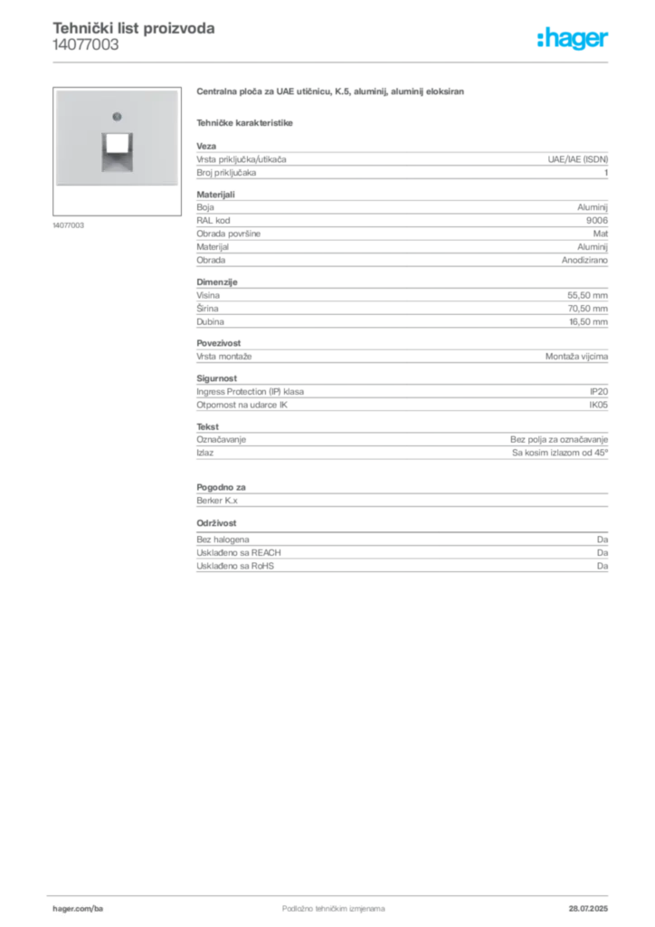 Slika Hager Product data sheet 14077003  | Hager
