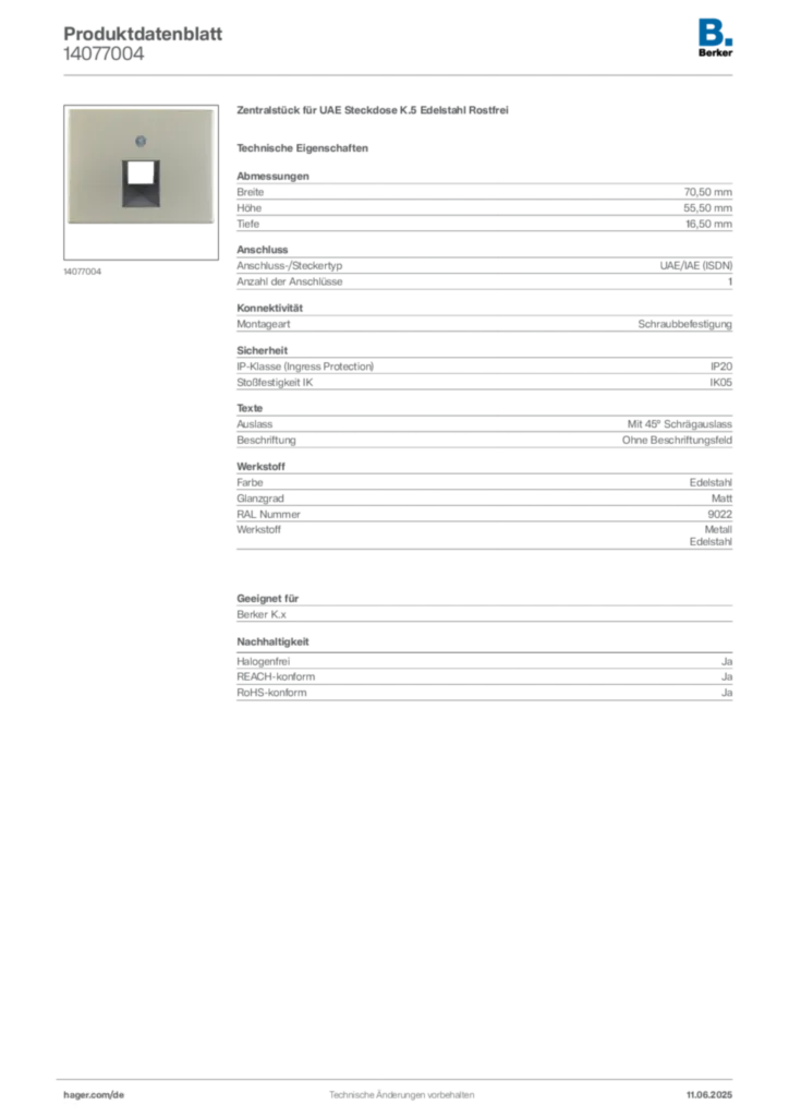 Bild Berker Produktdatenblatt 14077004 | Hager Deutschland