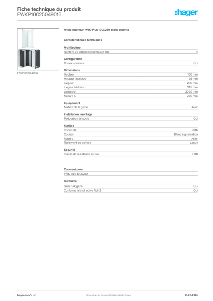 Image Hager Fiche technique du produit FWKP10025049016 | Hager Suisse