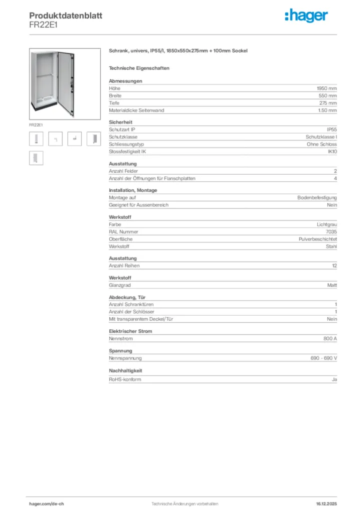 Bild Hager Produktdatenblatt FR22E1 | Hager Schweiz