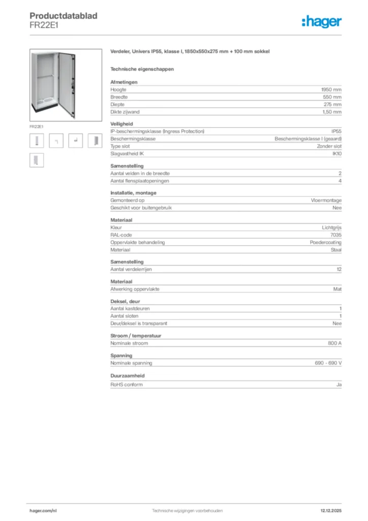 Afbeelding Hager Productdatablad FR22E1 | Hager Nederland